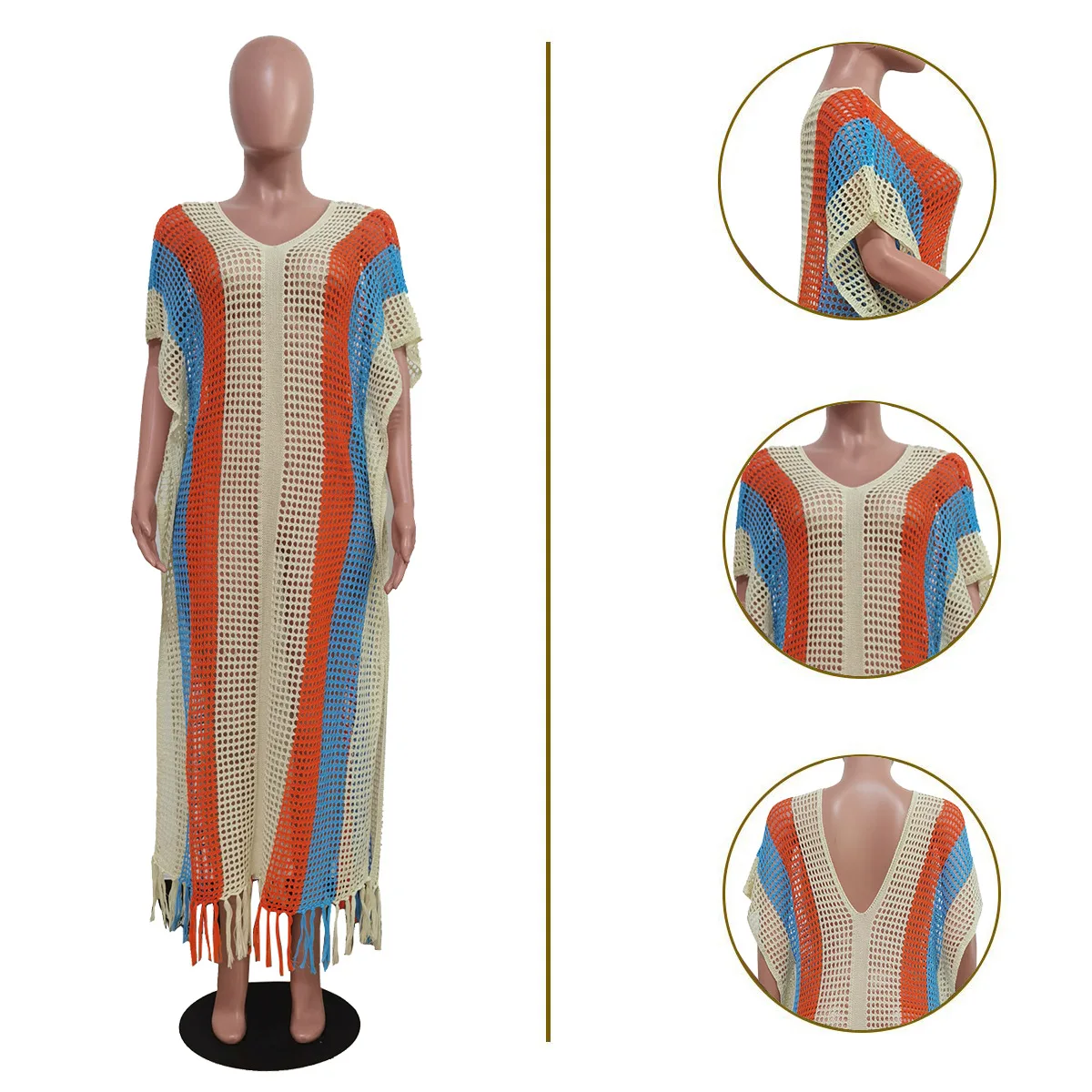 Fashion Causal Sleeveless Knitted Maxi Tassel Dress Summer Sexy Color Patchwork Hollow Out Beach Crochet Long Dresses