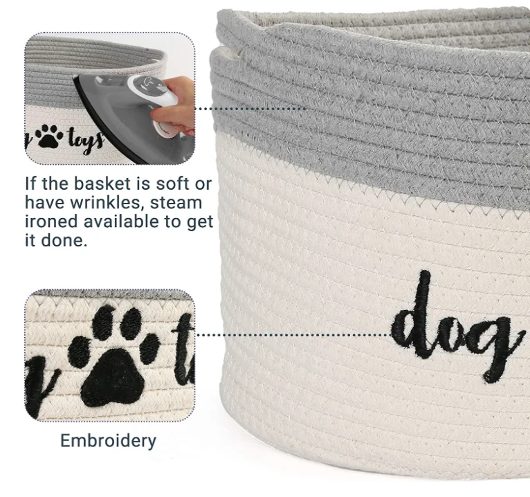 Woven Storage Bin for Dogs Pets 15x10x9 inch Pet Basket Container Holder for Toys White and Grey Cotton Rope Dog Toy Basket
