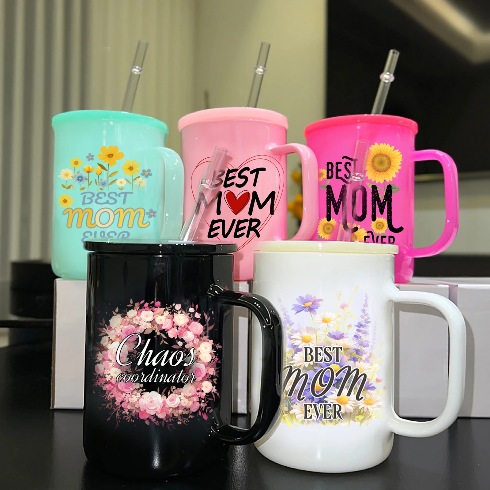 Hot sale jelly cup with lids glass drinking bottle 17oz sublimation ice-cream colors glass can beer coffee mug jar with handle