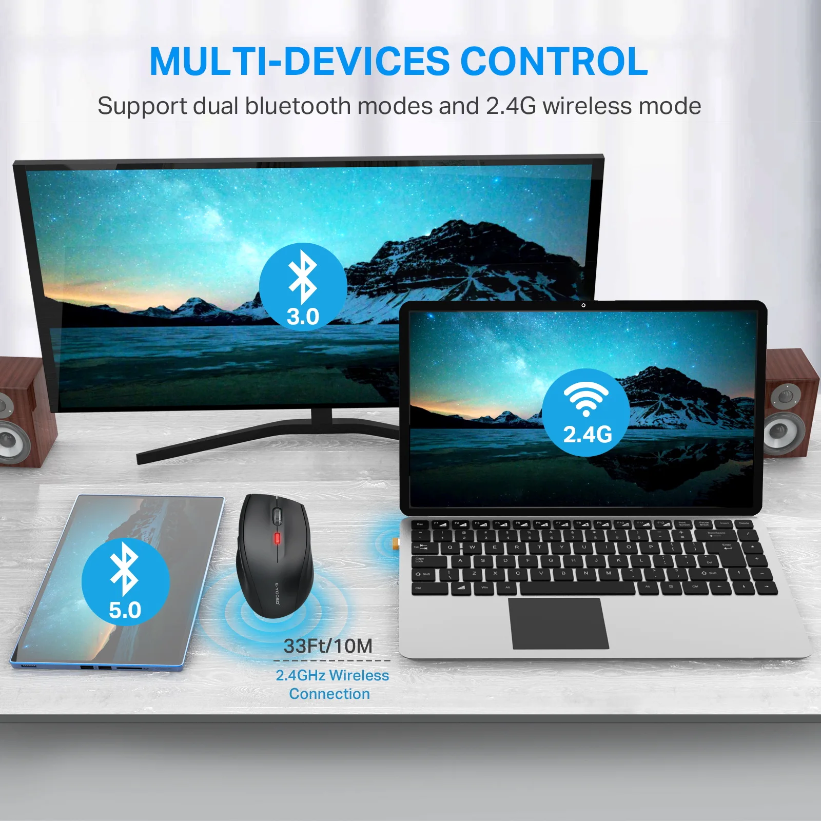 Bluetooth Wireless Mouse 3 Modes Bluetooth Mouse 2.4GHz Ergonomic Wireless Optical Computer Mouse with USB Nano Receiver