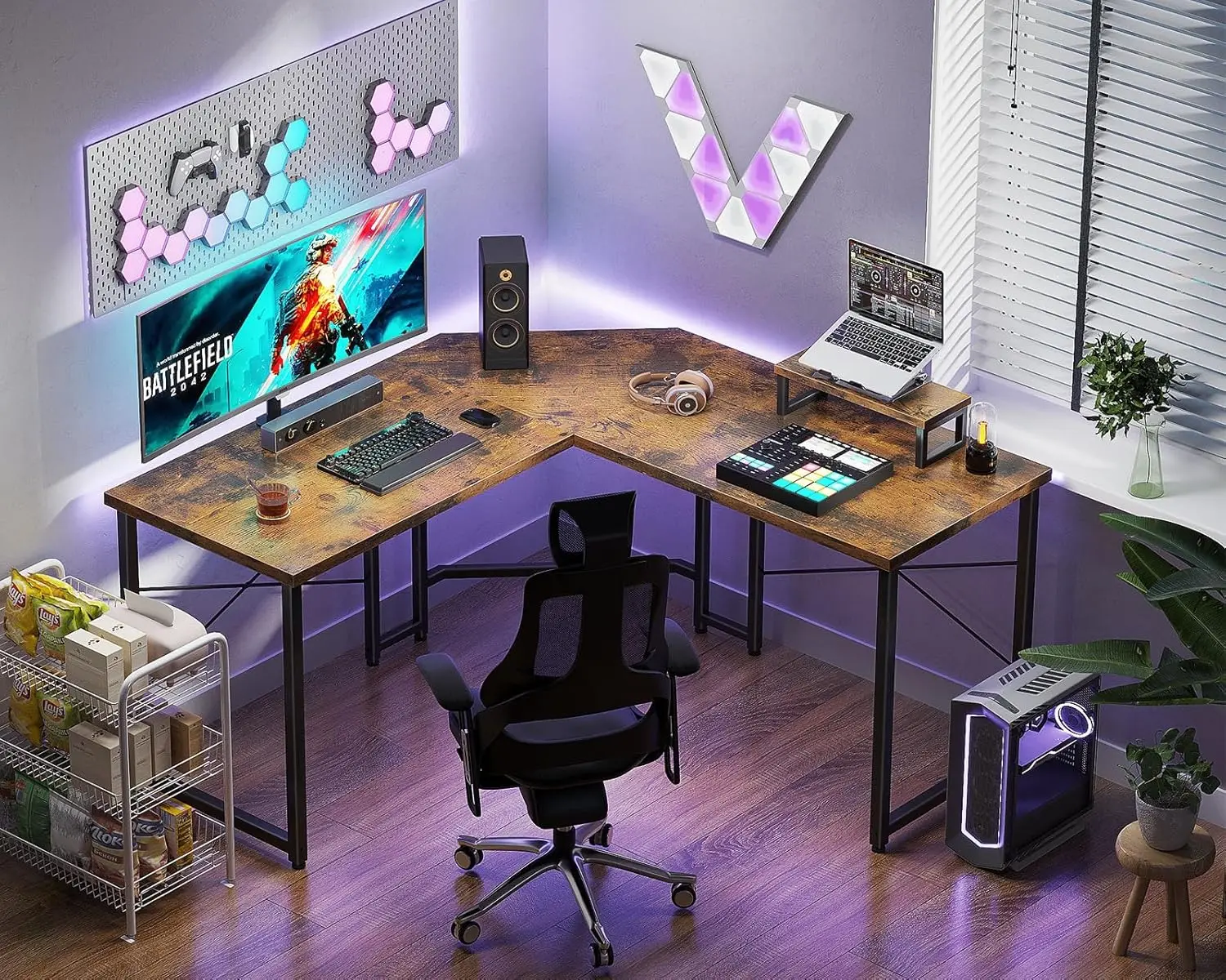 Combohome Custom Home Office Wood L Shaped Corner Gaming Computer Desk PC Table With Monitor Stand