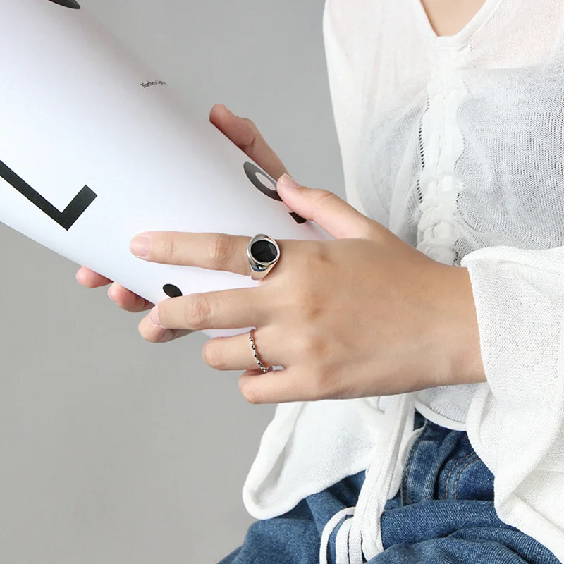 New Trendy Vintage Black Epoxy Oval Wide-faced ring 925 Sterling Silver Open Adjustable Rings For Women