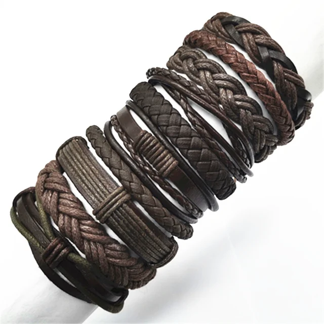 Men Brown Bracelets 10pcs/set Wrap Woven Fashion Handmade Men Bracelets Women Leather Bracelet Men Bangle Wholesale Jewelry Gift