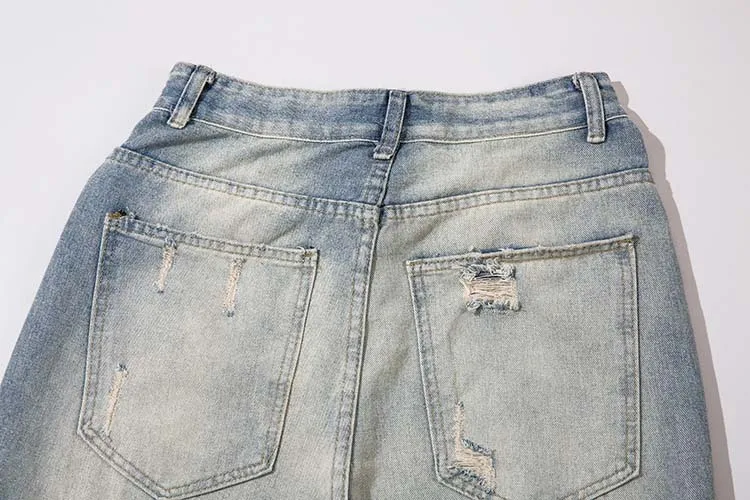 Patched Ripped Baggy Street Style Design Wide Leg Fashion Damaged Loose Denim Pants