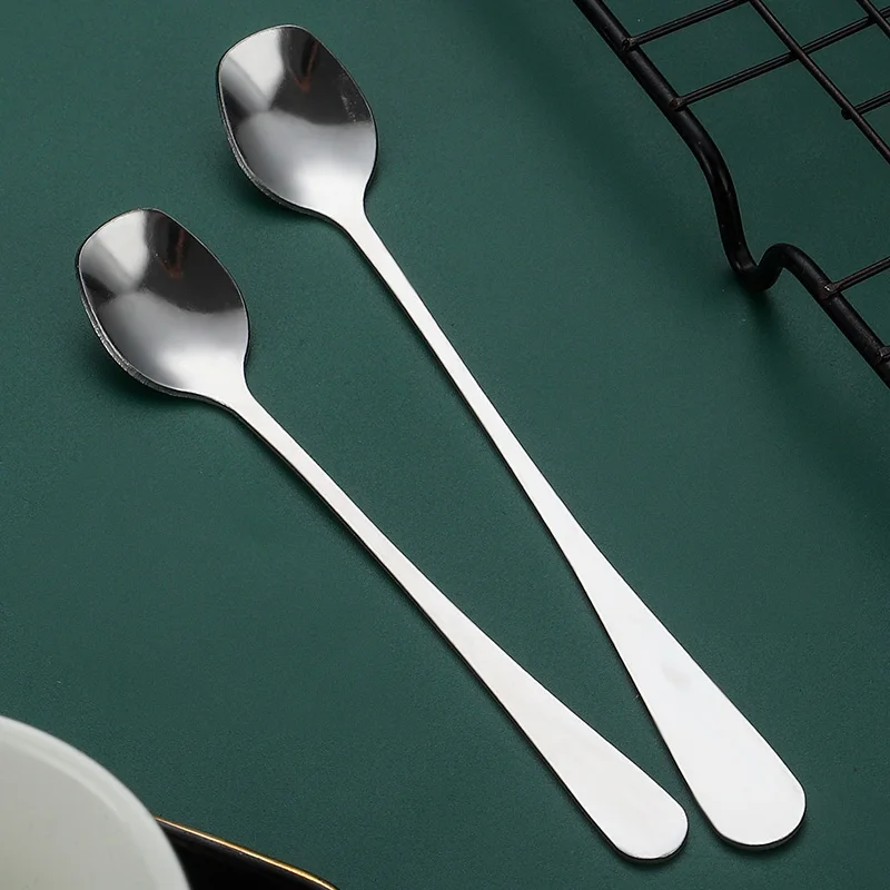 Creative Stainless Steel Spoon Simple Oval Head Two Sizes Round Tail Coffee Dessert Cake Long Handle Ice Spoon