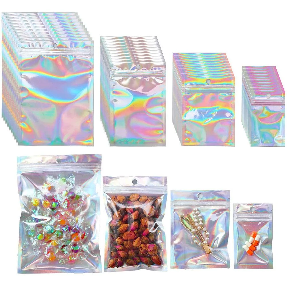 Resealable Holographic Foil Bags Cosmetic Laser Packaging Zip-lock Bags for Food Storage Coffee Beans Candy & Jewelry Packing