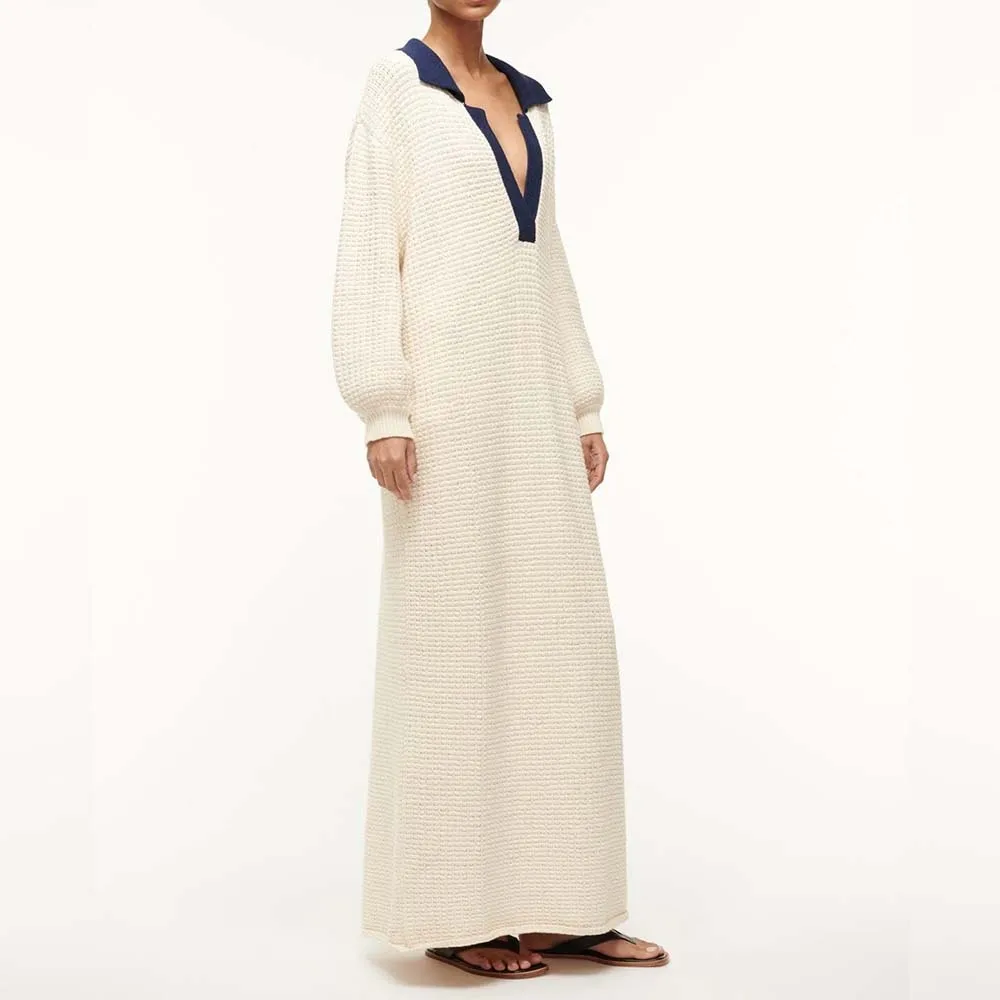 Knitwear Manufacturer Custom Autumn Winter chunky cotton waffle knit fabric features a long sleeve polo collar sweater  dress