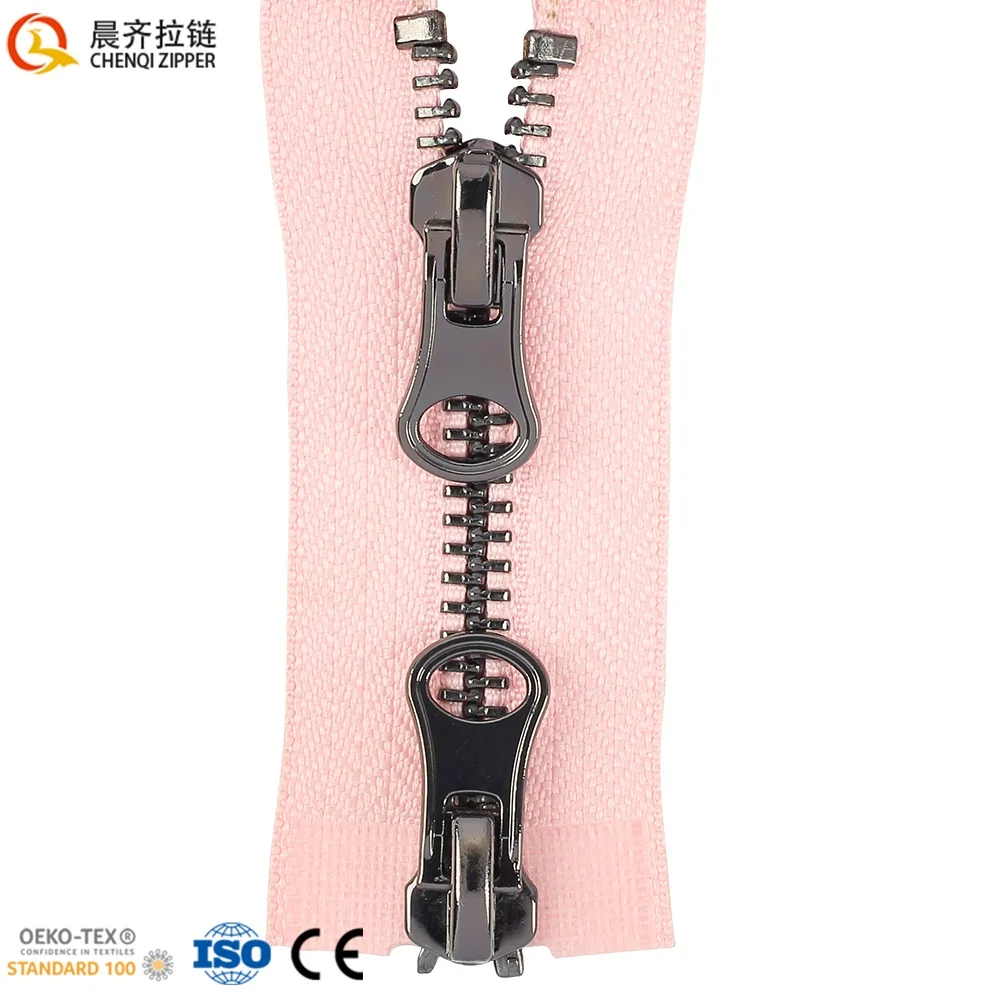 Clearance Custom 5# Y Bright Gunmetal Teeth Metal Zipper Two Way Open End Pink Tape Brass Long Chain Metal Zipper For Luggage
