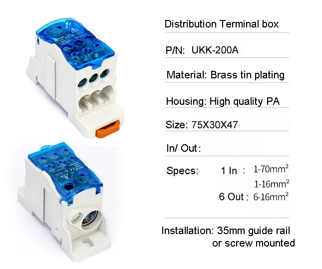 UKK200A wiring terminal distribution box Din Rail terminals Copper tin plated Junction Box