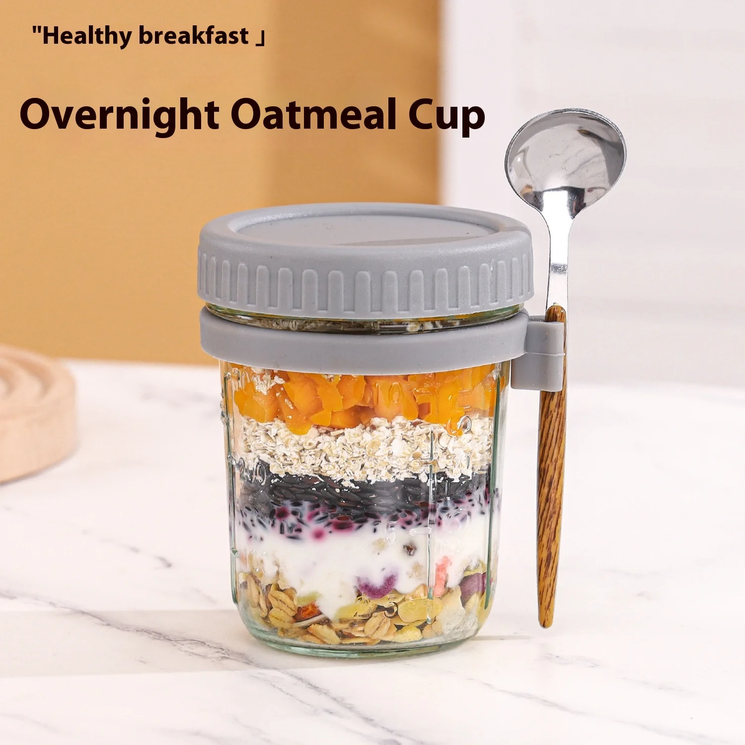 Portable Kitchen Great Food Container Night Style Glass Sealed Oatmeal Cup Hanging Spoon Yogurt Breakfast Oat Milk Salad-PP Gift