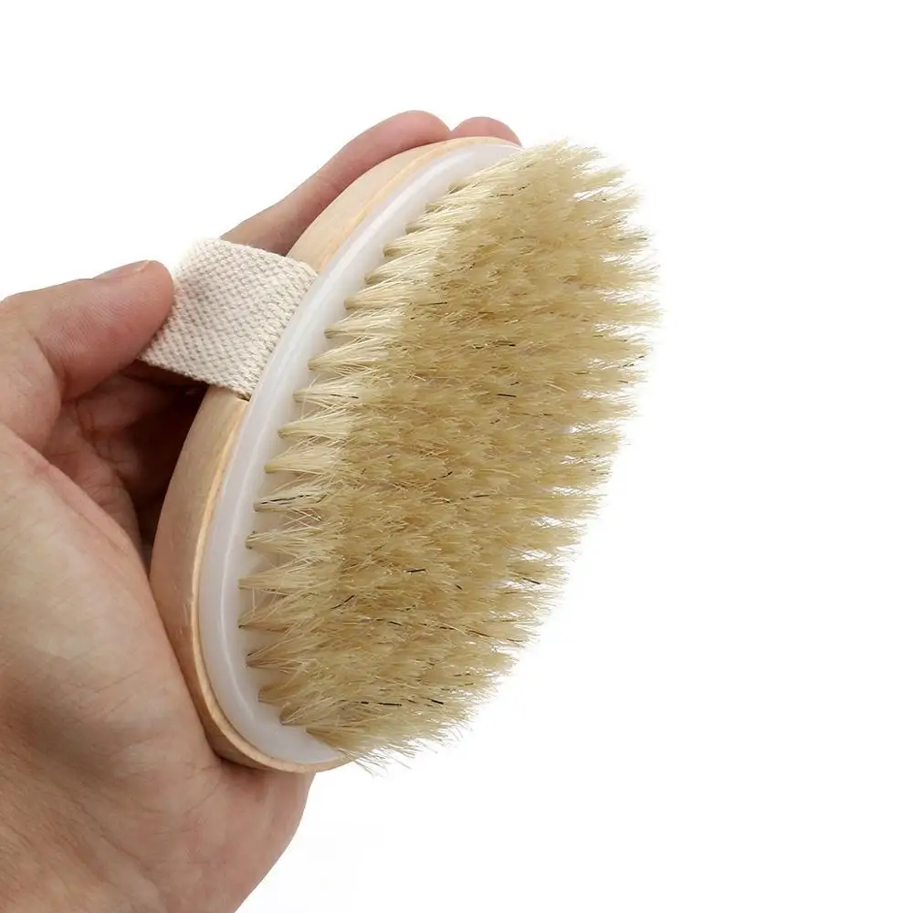 Wooden Natural Bristle Dry Skin Bath Body Brush With Hand Band For Nice Grip