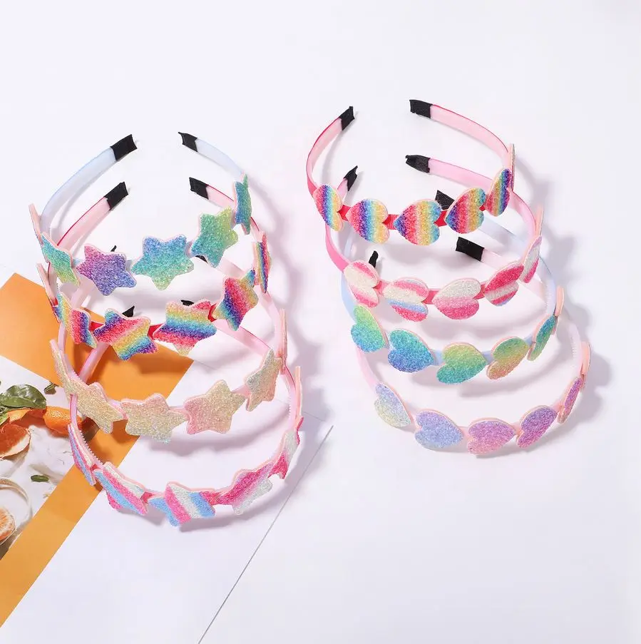 2023 Wholesale Girls Colorful Sequin Heart Hair Bands Kids Gradient Rainbow Stars Glitter Headbands for Party