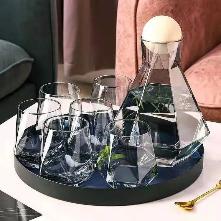 Hensin Luxury Diamond  Home With Handle Glass Drinking Family Tea Cups Glass Water Kettle Set For Guests