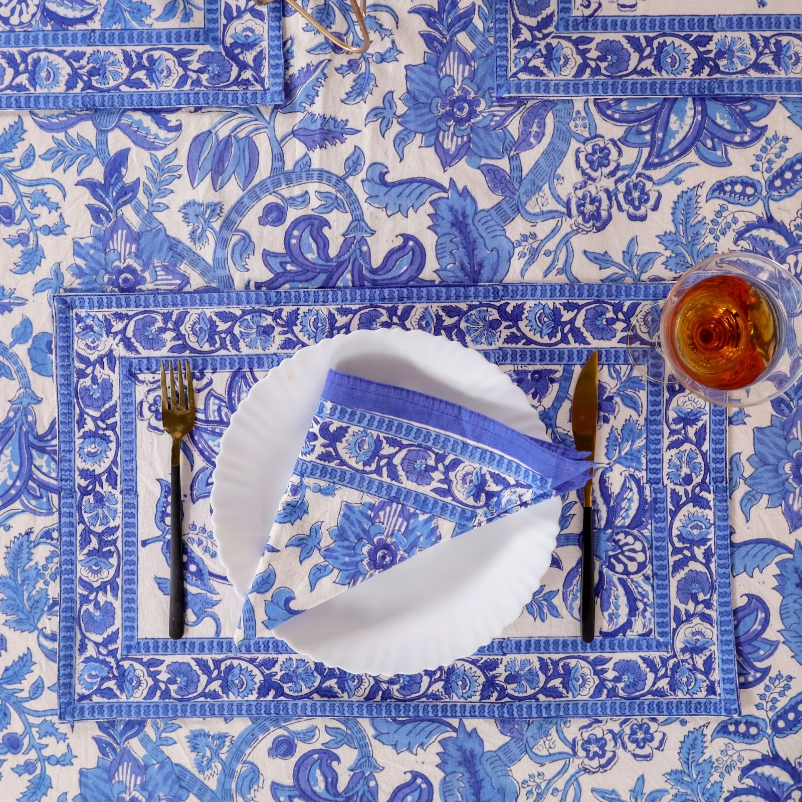 Blue Open Hand Block Printed Cotton Wedding Table Cloth Embroidered For Sale Best Quality Indian Material