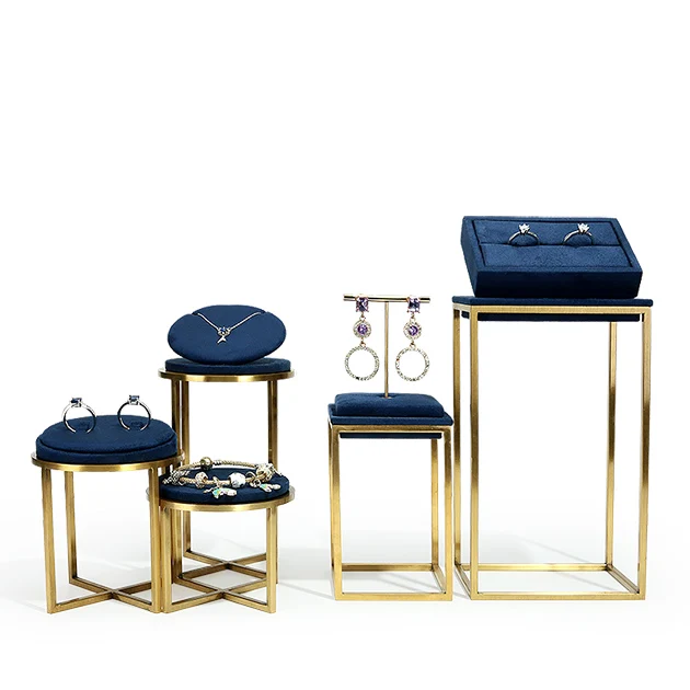 Custom Suede Blue Luxury Jewelry Stand Metal Store Jewelry Display Set for Cabinet Counter