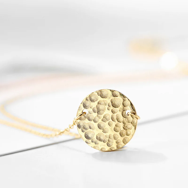 Simple Round Hammer Pendant Necklace Stainless Steel Gold Silver Necklace for Women Girls Hainon 584