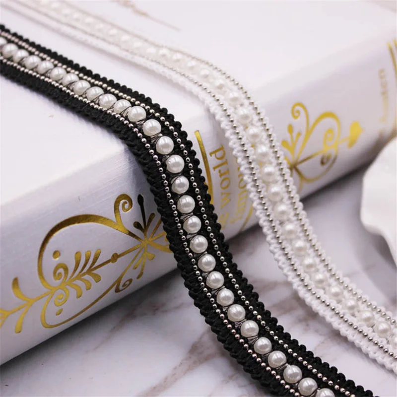 white/black 2cm handmade garment accessopearl beaded lace african lace fabric embroidery costume dress sew lace trim for dress