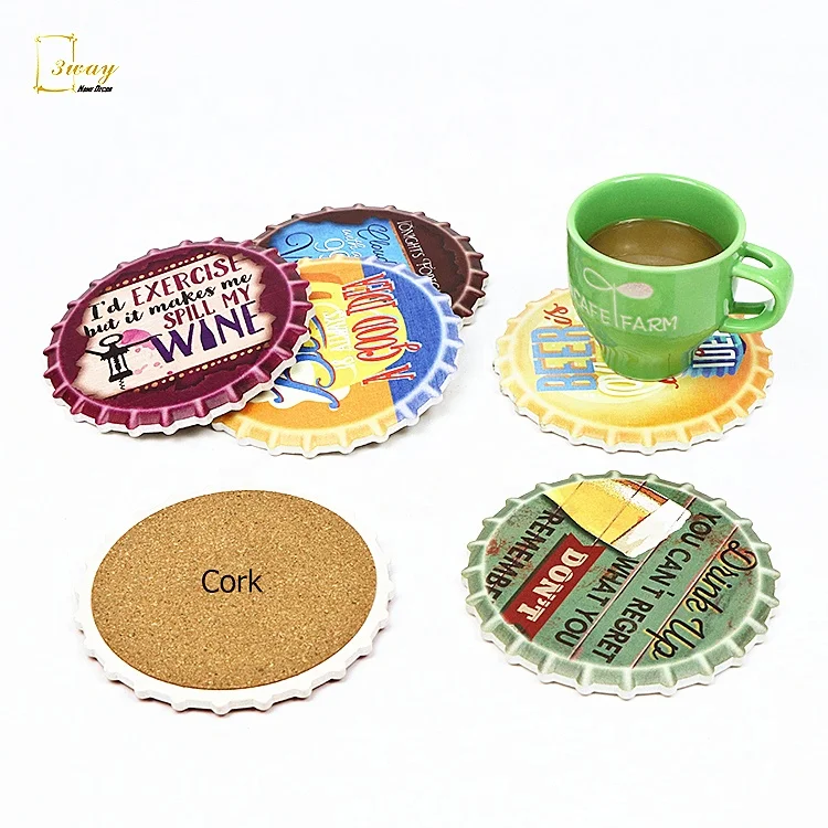 Kitchen decor OEM custom shinny matt absorbent beer tea coffee ceramic coasters cup mat placemat with cork heat resistant