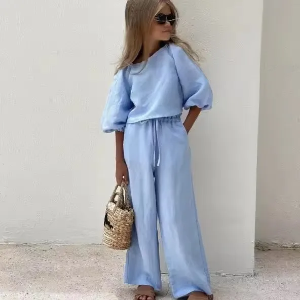 Soft Casual Beach Girls Summer Two Pieces Linen Long Sleeve Crop Tops Loose Pants Kids Linen Set