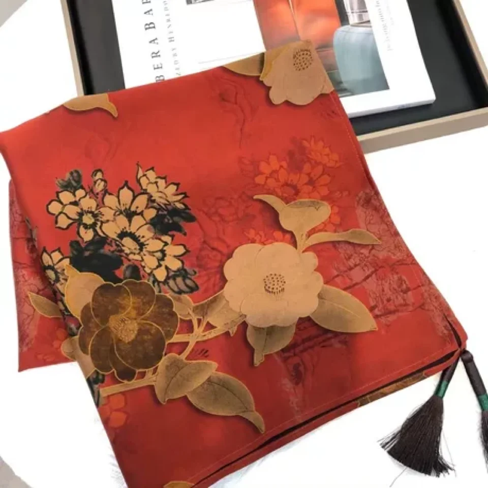 Роскошный шарф из шелка тутового шелкопряда Женская шаль из кантонской марли классические шарфы