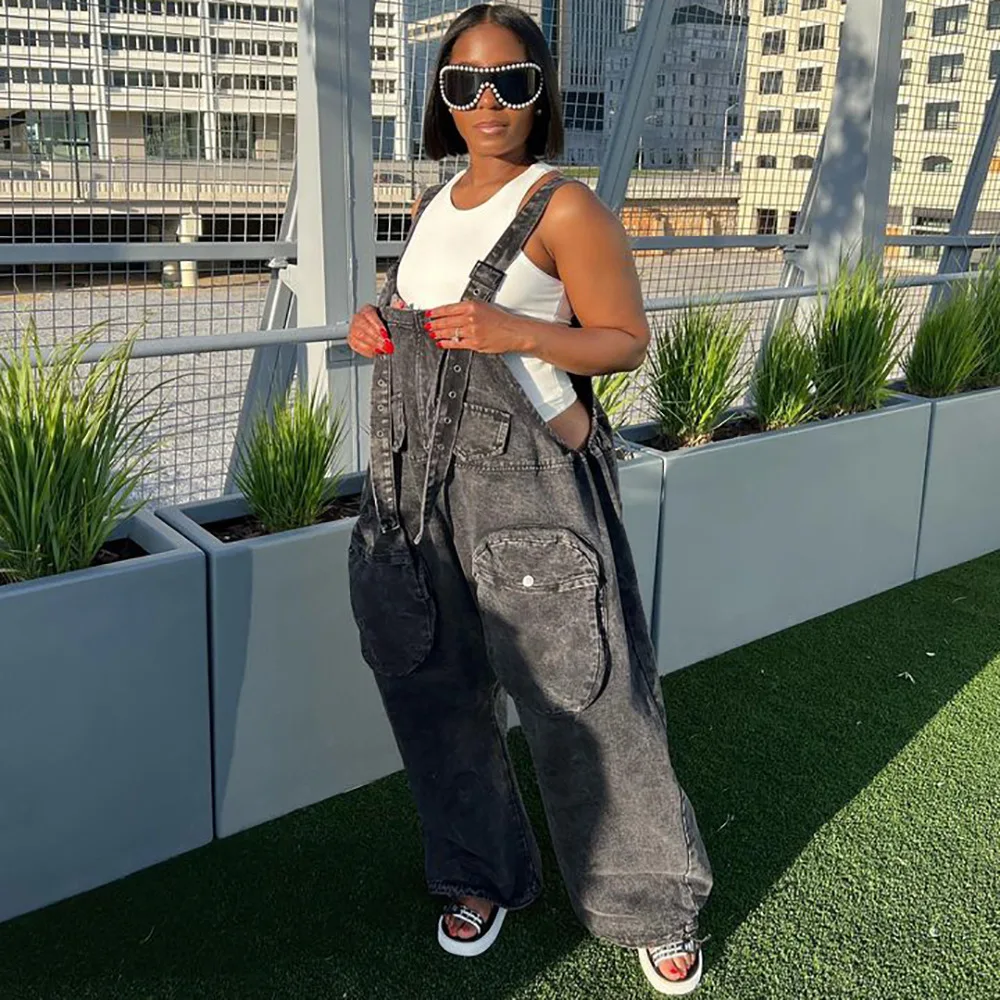 New Design Straight Suspender Trousers Women Jeans 2023 Loose Plus Size Pocket Ladies Cargo Pants