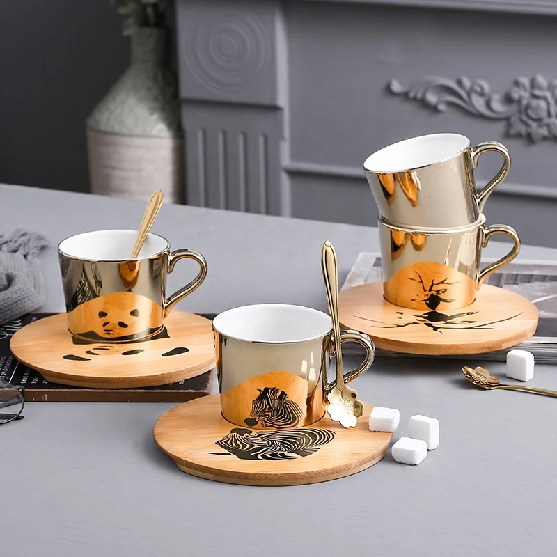 Ceramic Coffee Cup And Saucer Gift Ser Mirror Mug Magic Reflection Imaging Animal Mug with Ceramic and Bamboo Tray