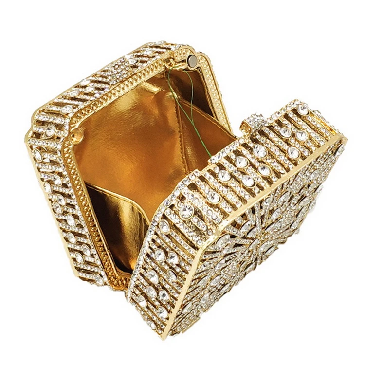 Fashion Luxury Sparkle Formal Square Shape Crystal Rhinestone Bridal Clutch Bag Evening Bag Gold Silver Handbag Crystal Purse