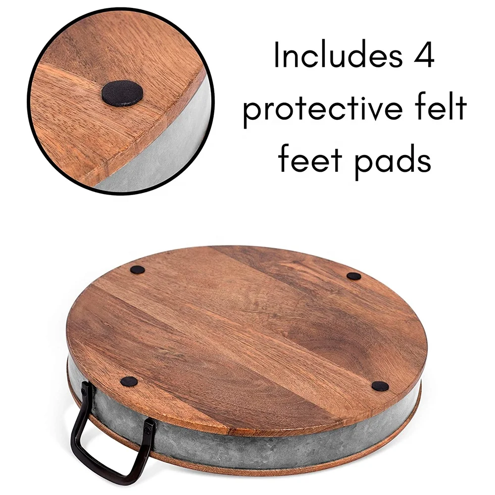 
Wooden Serving Tray with Handles Iron Accents Round Barrel Top Breakfast Trays Tea Cheese Board Coffee Table Decor Natural Wood 