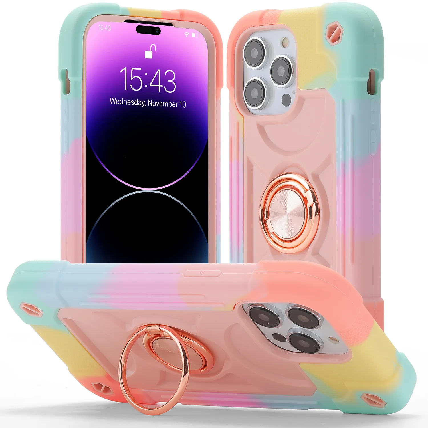 3 in 1 strong shockproof ring stand phone case for iPhone 14 pro max Silicone pc rainbow phone case for iPhone 14 pro max 13 12
