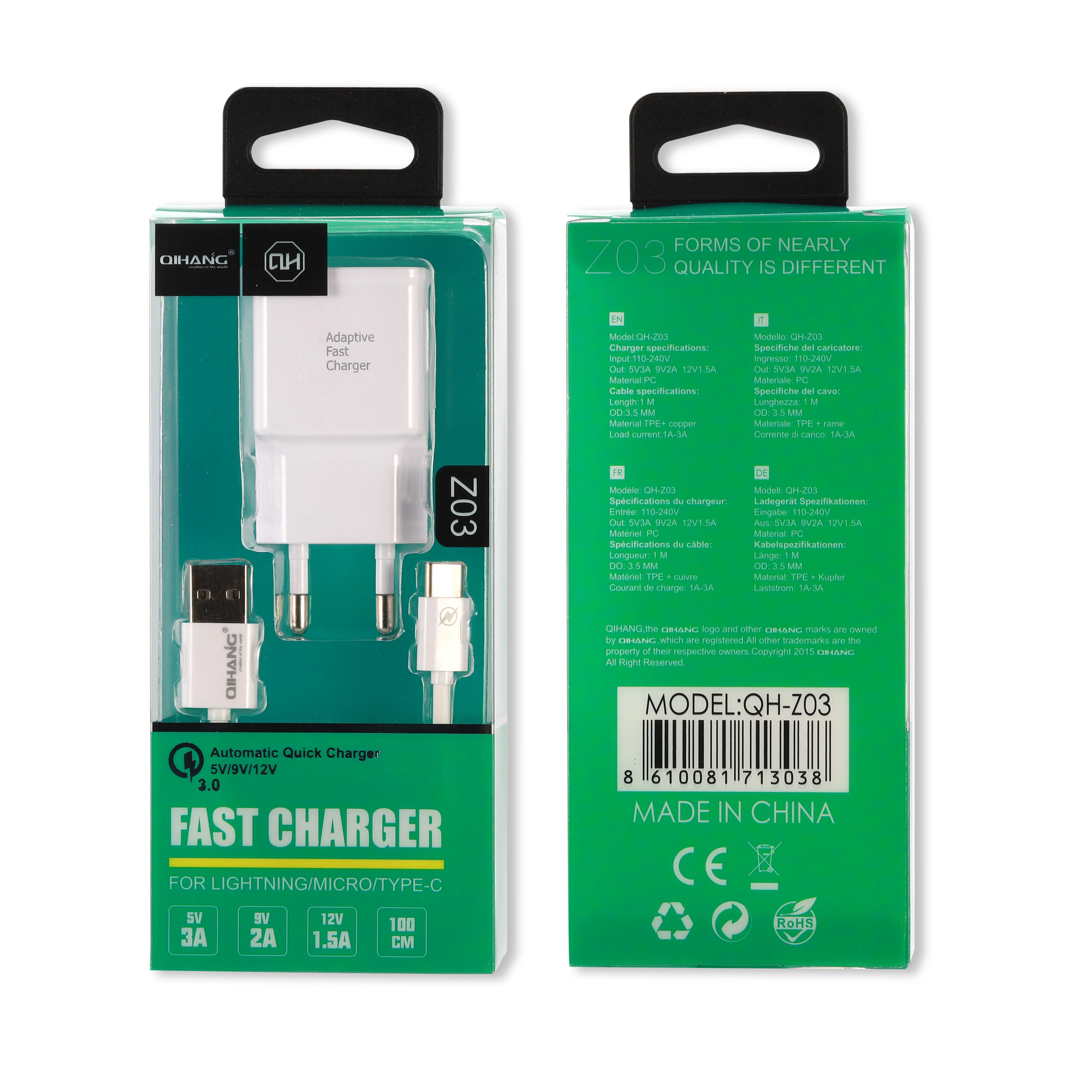QIHANG QH-Z03 high Quality 2in1 USB Charger Adapter with Type C Usb Cable For Samsung S8 S9 S10 9V  Adaptive
