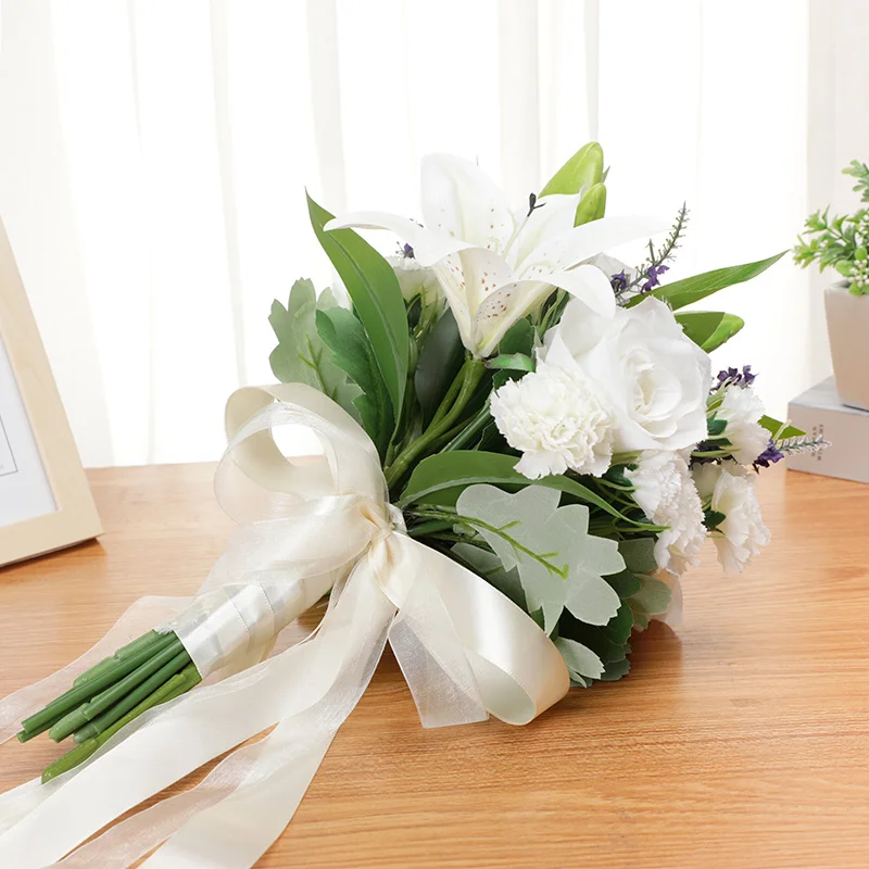 Artificial Flower lily  With leaf Hemp Rope Wedding  flower Bridal Bouquet