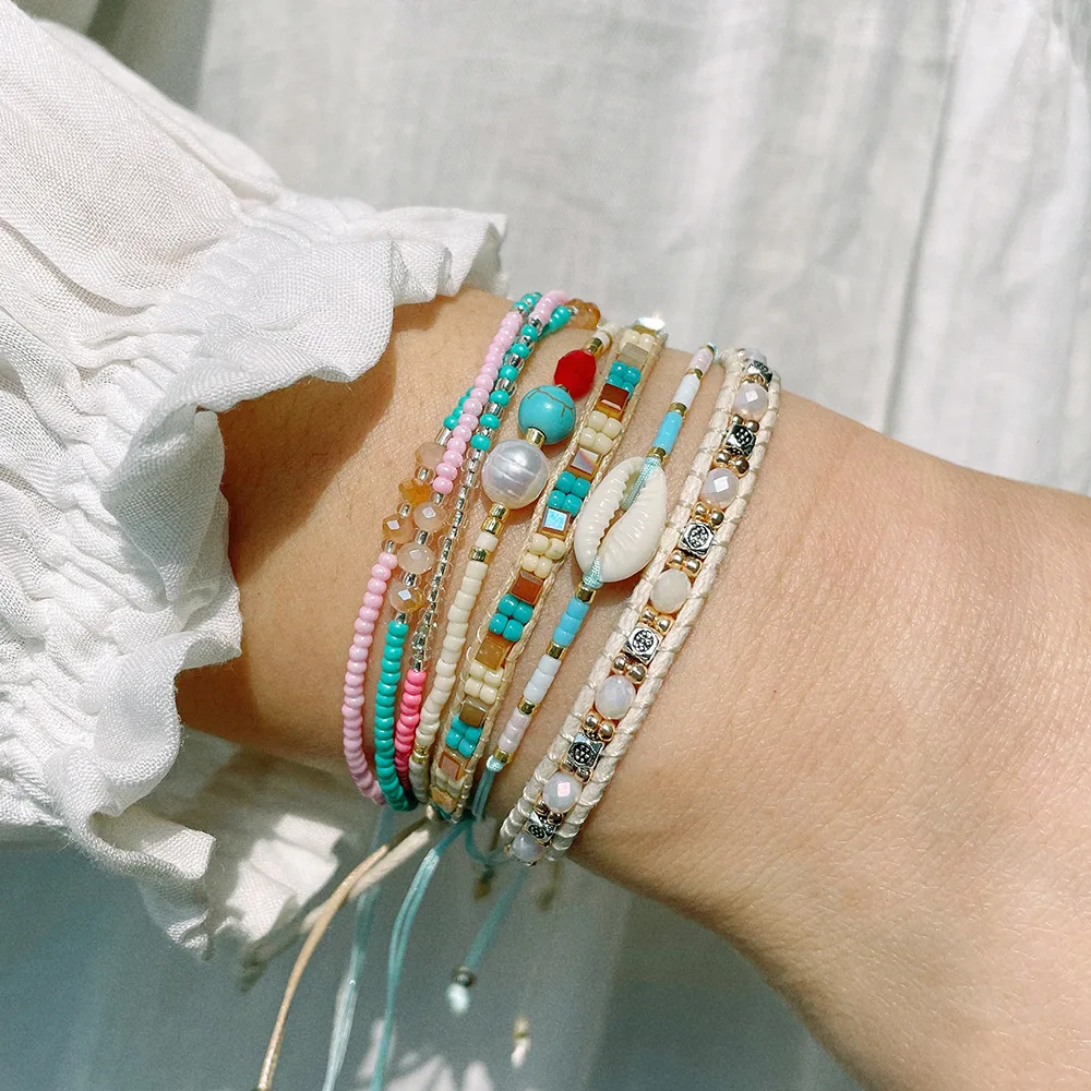 Japanese small fresh colorful braid boho summer beach crystal glass bracelets  waterproof women