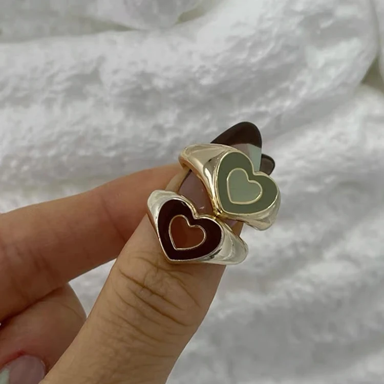 Fashion Stainless Steel 18K Gold Plated Colorful Double Heart Enamel Rings Women