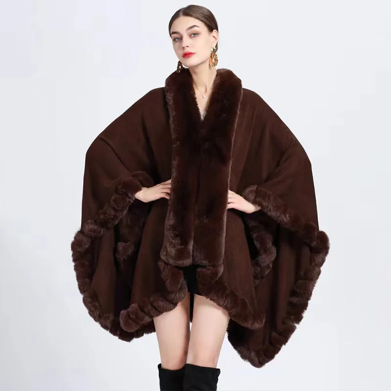 2024 Luxury Pink Winter Ladies Wraps Cloak Knit Evening Party Dress Coat Faux Fur Collar Poncho Cape Shawl