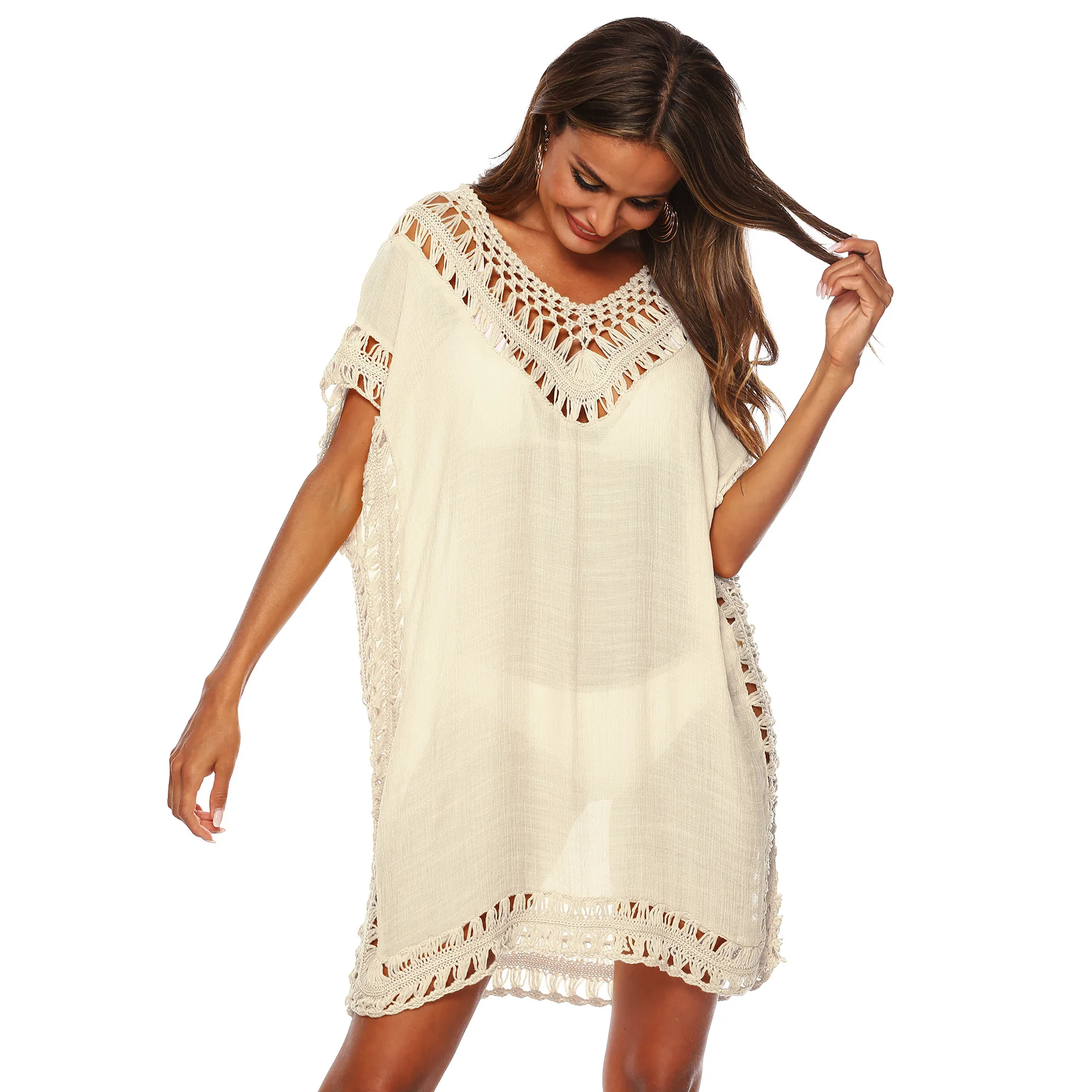 Sexy Women Loose Tunic Solid Bikini Cover Up Swimsuit Beachwear Swimwear Hollow Out Beach Dress