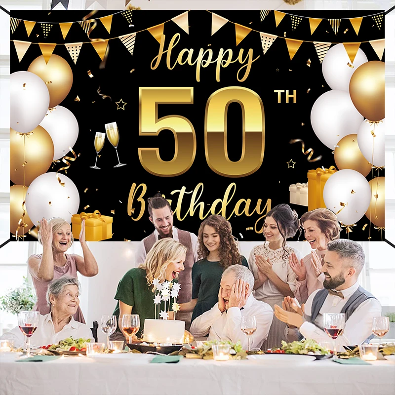 Happy Birthday Banners Party Backdrop Large Black Gold Balloon Birthday Party Decorations For 50th Birthday