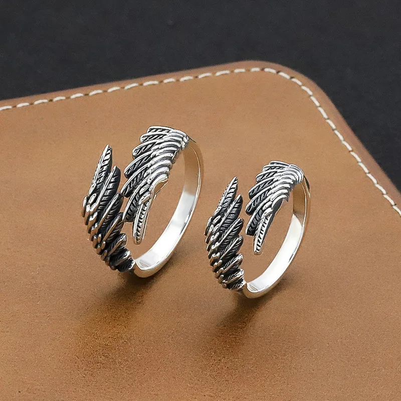 Open Ring Couple Personality Guardian Ring A Pair Of Angel Wings Retro Creative lovers Feather Pair Ring