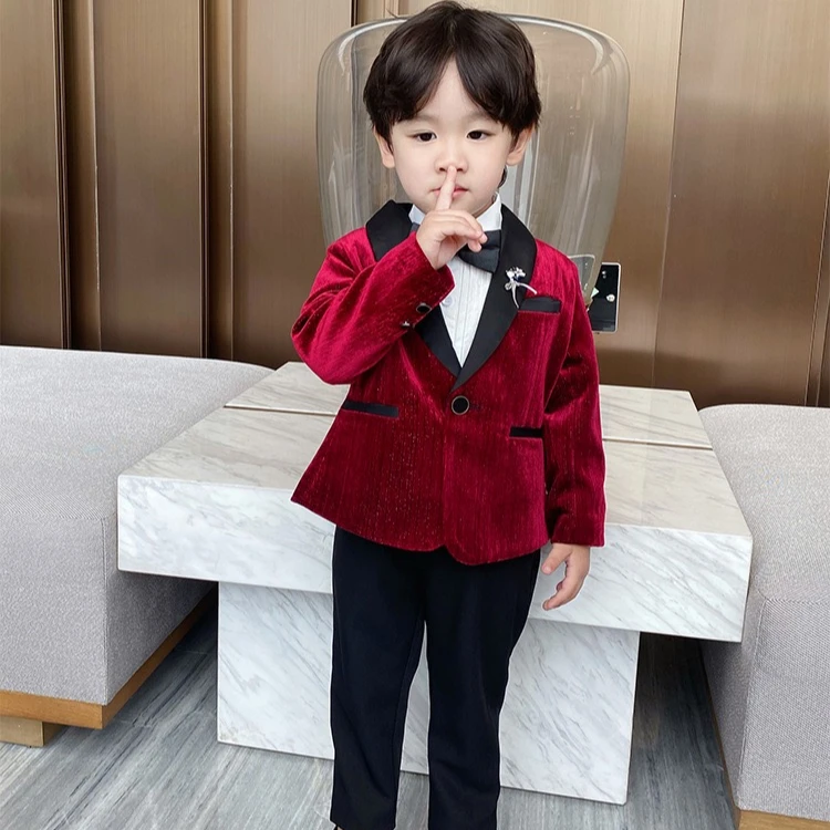 NIMBLE Velvet Red Shawl Collar Boys Formal Wedding Dress Suits Blazers Kids Designers Clothes 3 Pieces Gentleman Jact Clothing