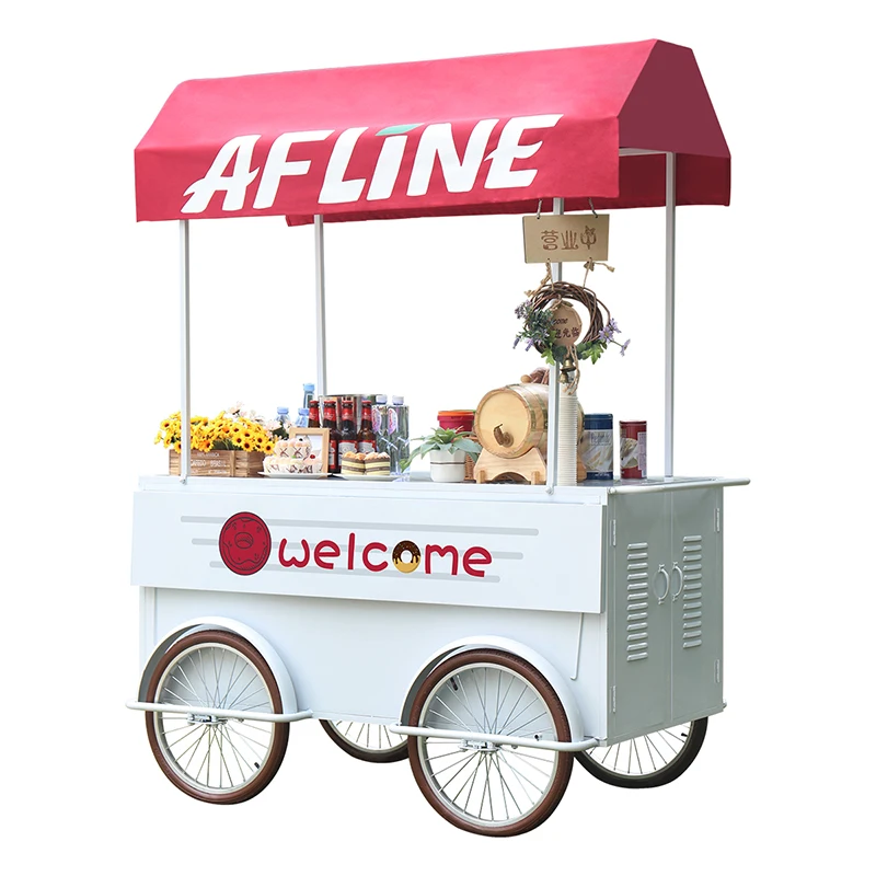 Street Food Trailer Mobile Hand Push Food Vending Cart 4 Wheel Hand Push Cart