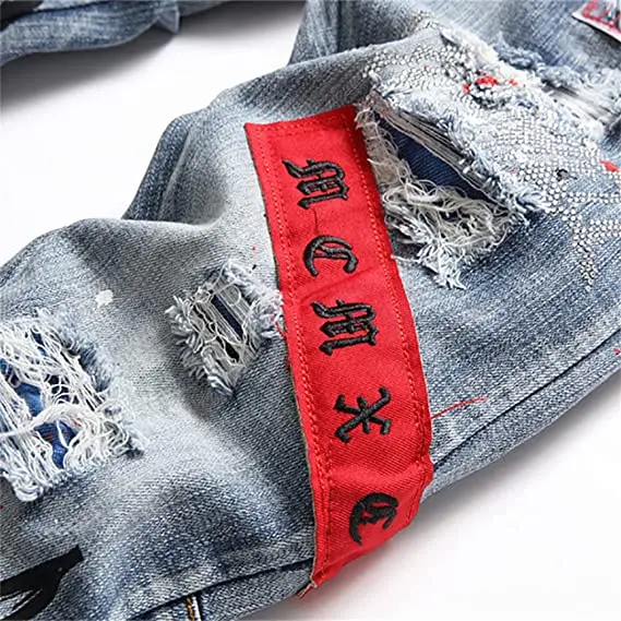 Custom Street style Ripped Pantalones Jeans Straight Fit Distressed Patched Jeans Motor Biker Denim tapered denim