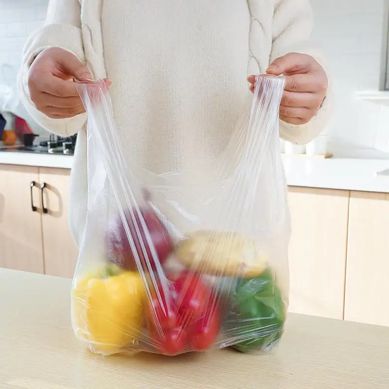 Custom supermarket vegetable and fruit t-shirt shopping plastic packaging grocery carrier t shirt packaging bag on roll