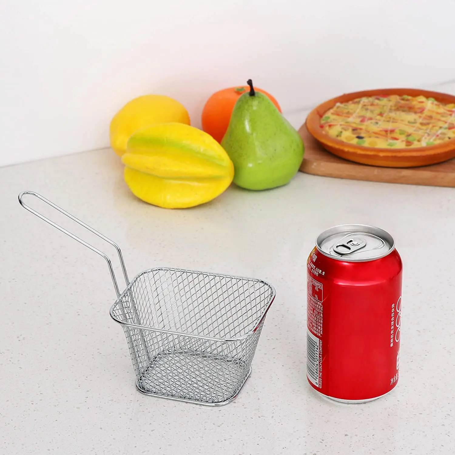 Food Grade 304 Stainless Steel fry serving basket with long handle for chips chicken and shrimps