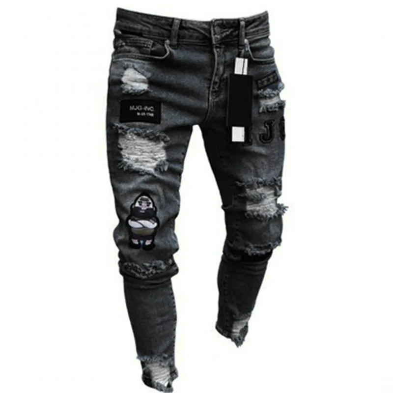 Wholesale Stylish Patchwork Design Ripped Skinny Distressed Denim Jeans For Men With Pattern