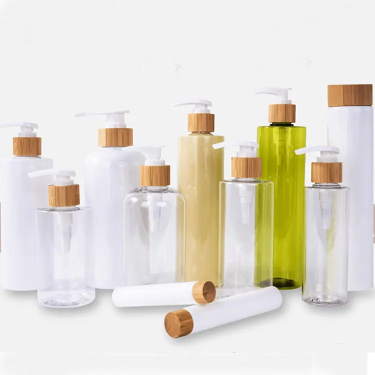 Luxury Transparent Bamboo Pump Empty Shampoo Shower Bottles For Body
