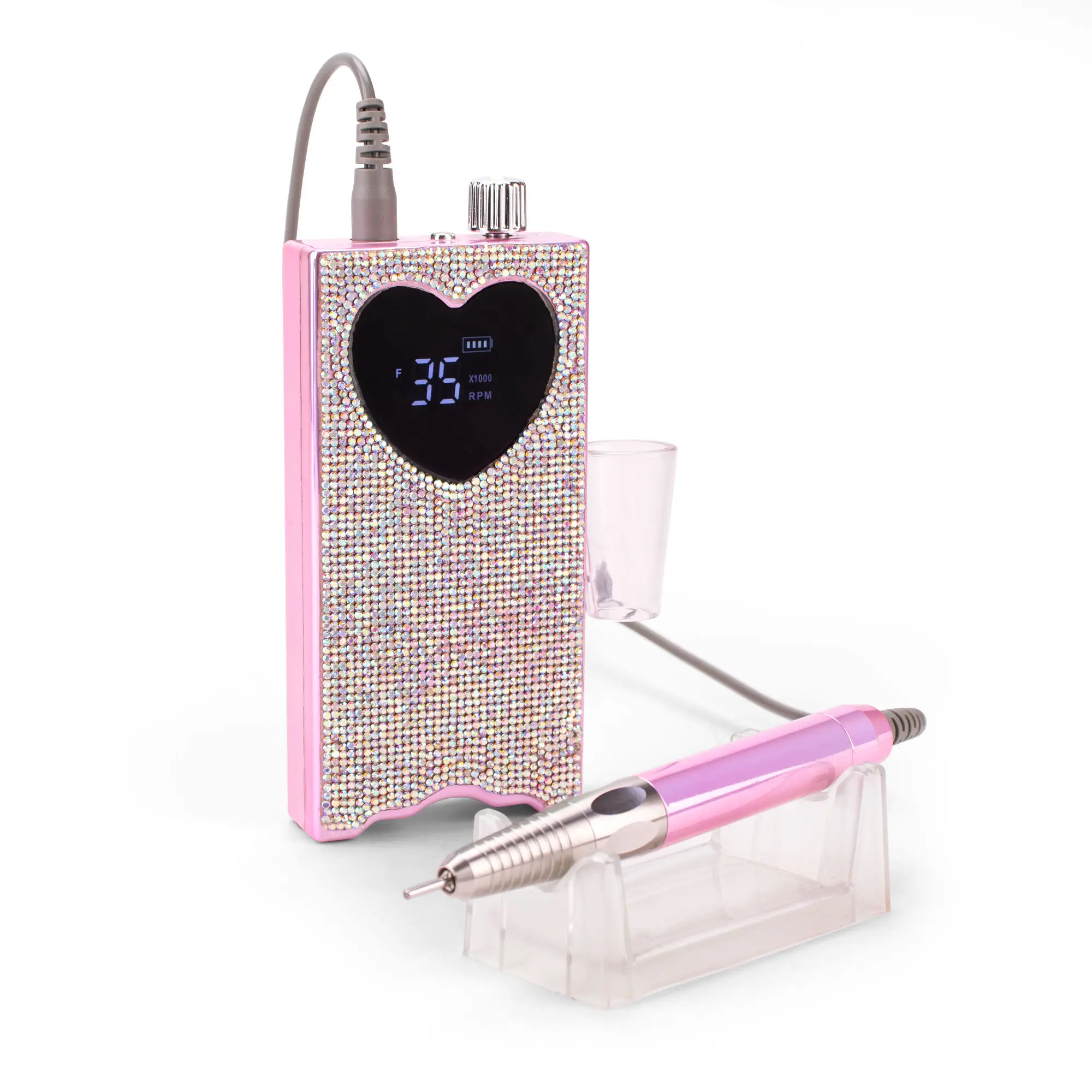 Shiny Crystal Rhinestone Heart Shaped Design 35000rpm Brushless Motor Cordless Portable Rechargeable Nail Drill Machine
