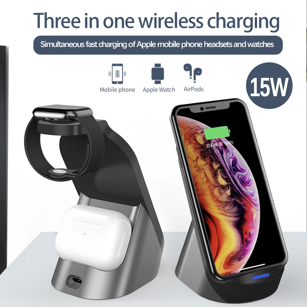 Portable cellphone Qi Wireless Charger 3 in 1 Charging Station for iPhone Earbuds Air Pod