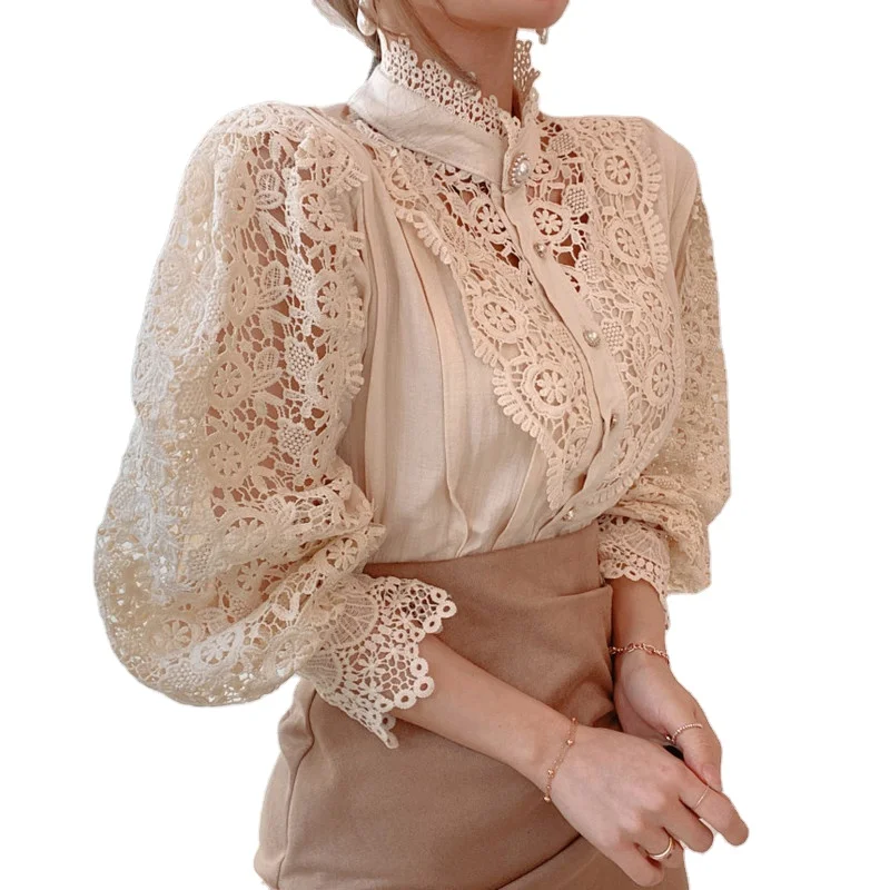 Autumn sexy tops Hollow Sexy Blouse Plus Size Stand-Up Collar White Tops Lace Long Sleeve Fashion Women Shirt embroidery blouse