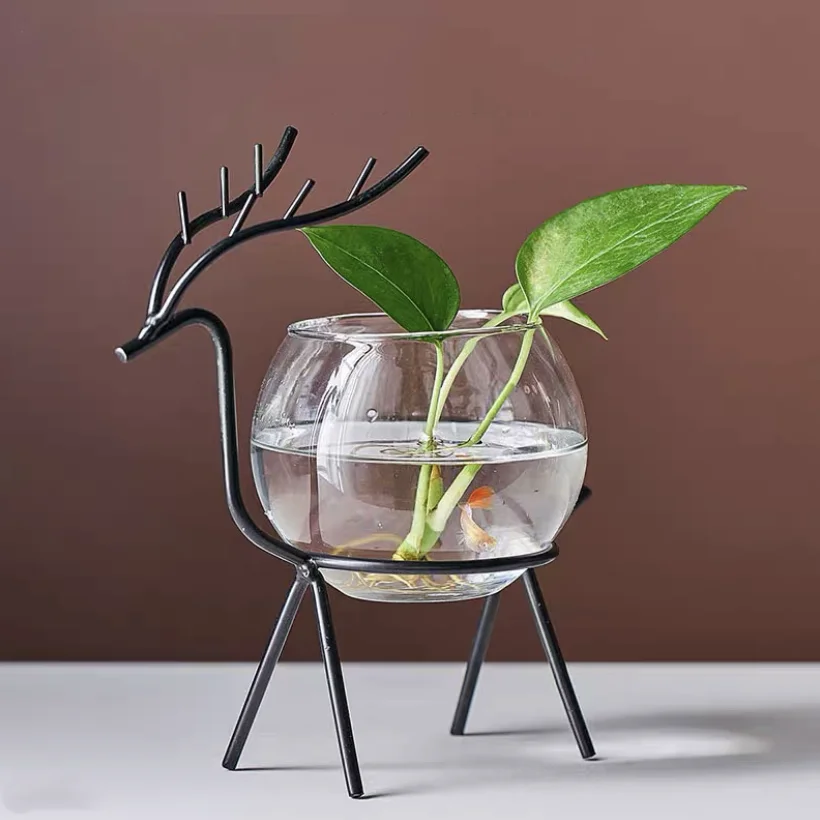 Minimalist Living Room Dining Table Gold Stand Plants Round Glass Vase Decoration Green Dill Glass Plant Holder Ware Modern