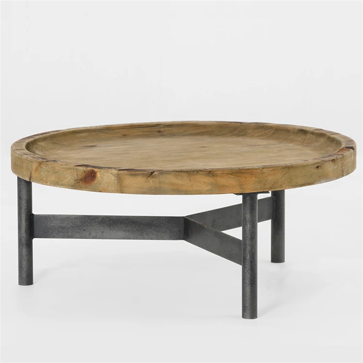 
Smart Coffee Table Round Wooden Industrial Reclaimed Pine Top With Metal Base 
