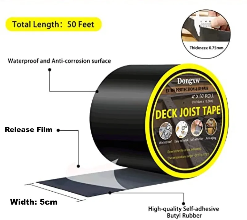 5cm x 50FT Self Adhesive Waterproof Beams Board Flashing Butyl Protective Deck Butyl Joist Tape